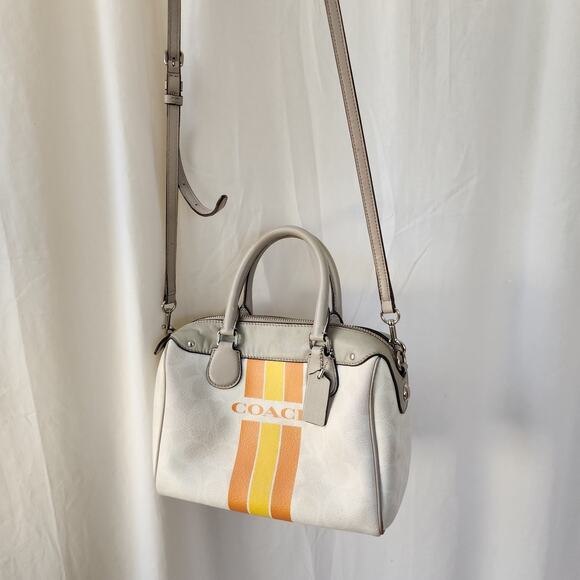Coach Varsity Stripe City Zip in Signature Silver/Chalk Orange Hand Bag - Picture 8 of 12